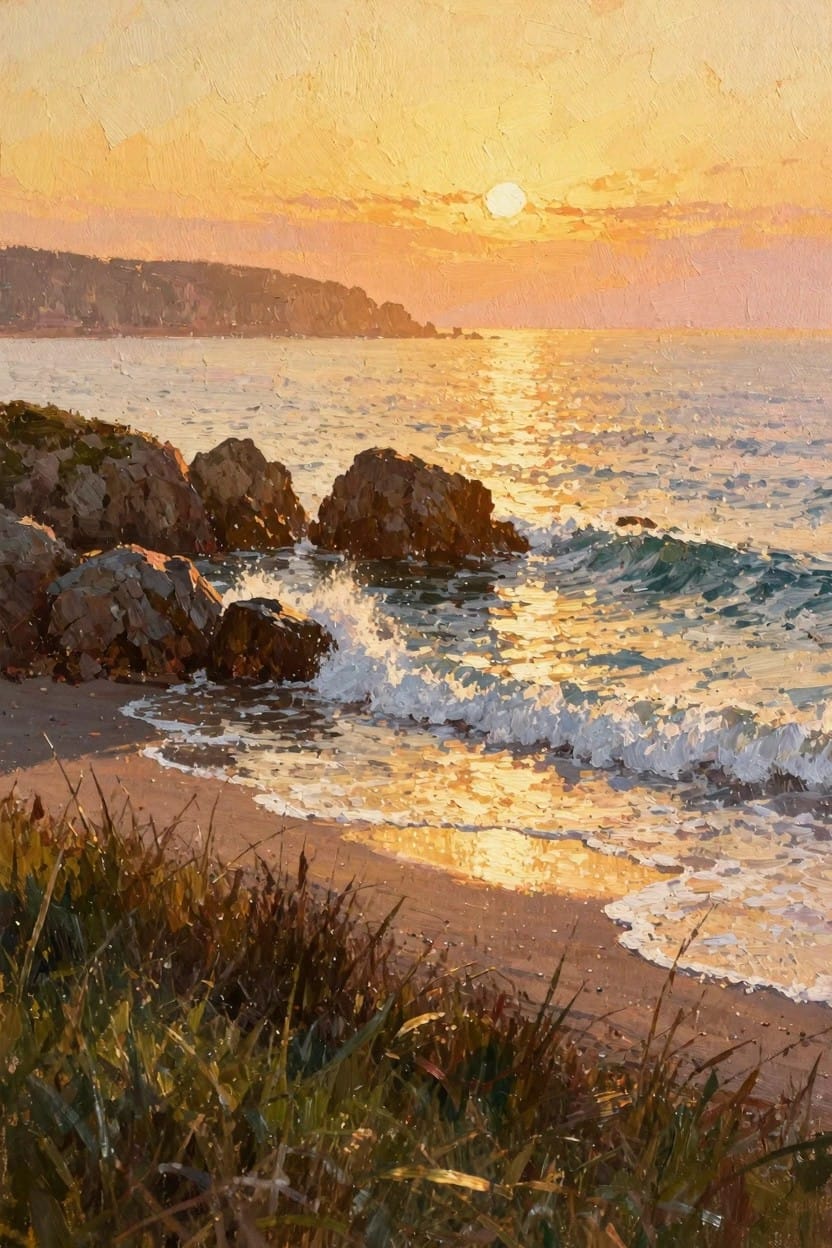 Oil painting of a sunset over the ocean with crashing waves on rocks, beach grasses, and distant cliffs.