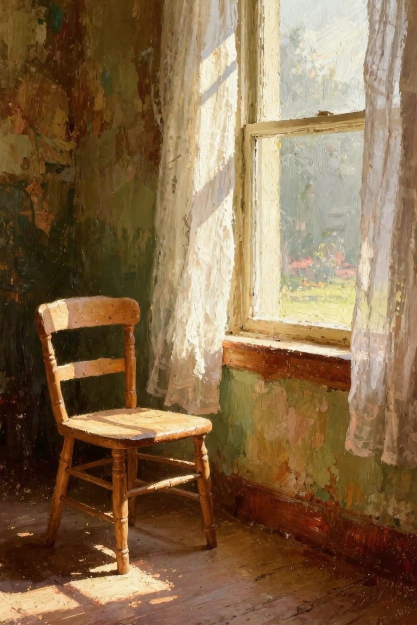 Oil painting of a wooden chair angled in a room corner near a window with billowing white sheer curtains, sunlight casting shadows on peeling green walls and wooden floor.