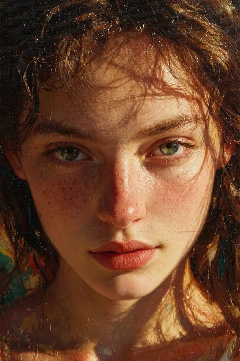 Close-up oil painting portrait of a young woman with wet auburn hair, green eyes, freckles, flushed cheeks, and warm sunlight on her face.