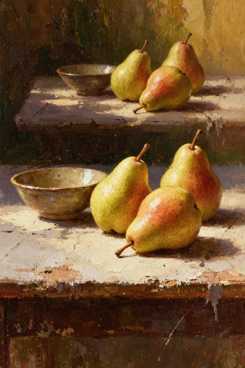 Oil painting of green and reddish pears beside ceramic bowls on two levels of textured wooden shelves under warm light.
