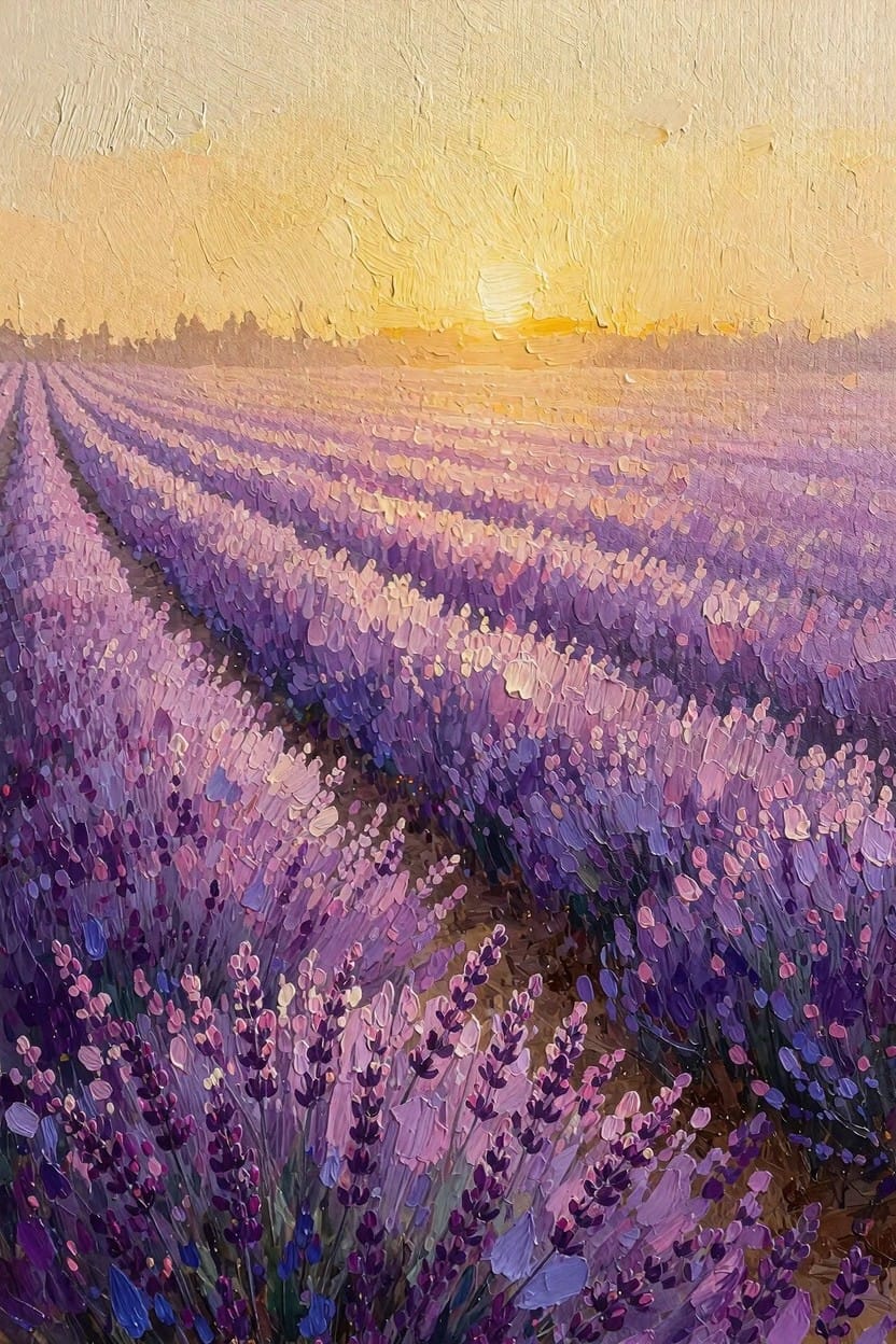 Oil painting of purple lavender fields in rows at sunset with golden sky and distant horizon.