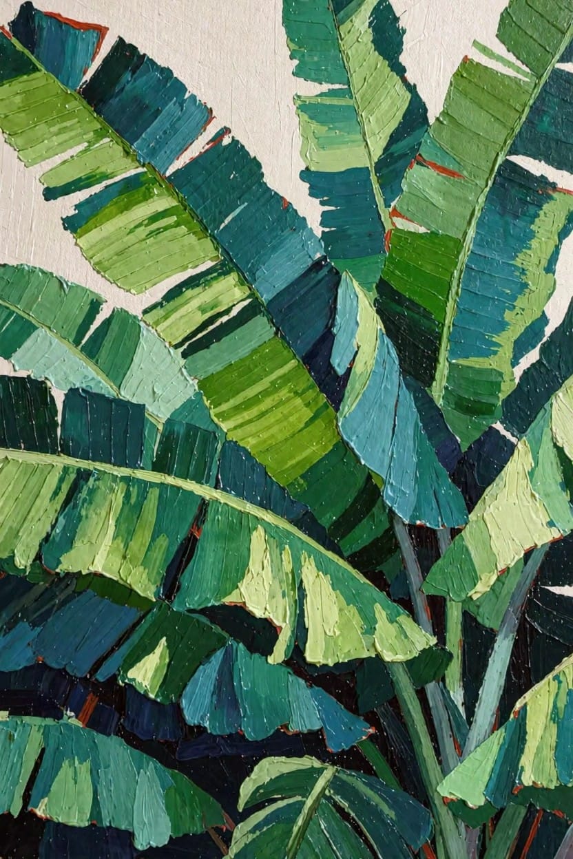 Oil painting of overlapping banana leaves in shades of green, teal, and lime with thick textured brushstrokes on a light beige background.