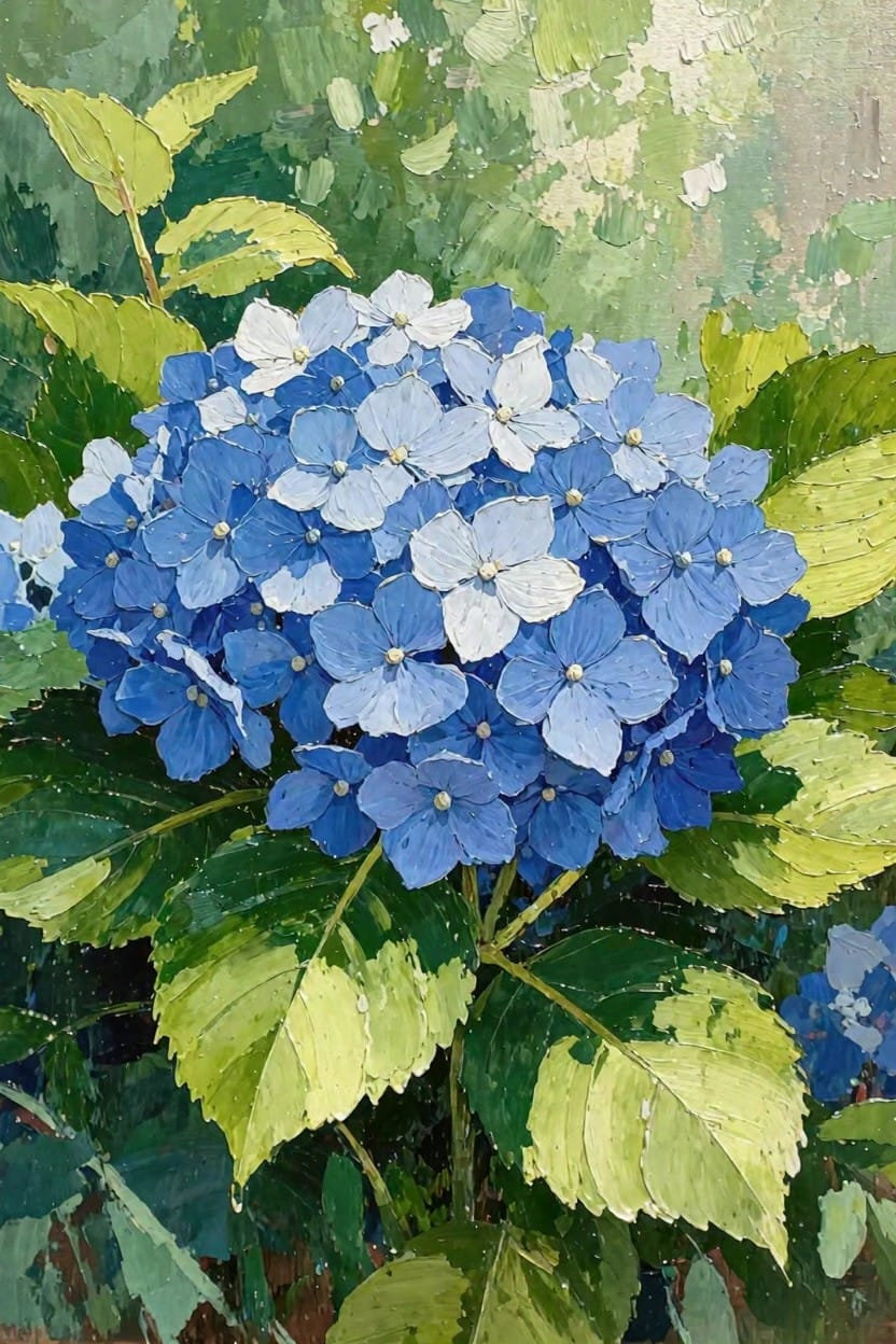 Oil painting of a large blue hydrangea flower cluster with green and yellow leaves.