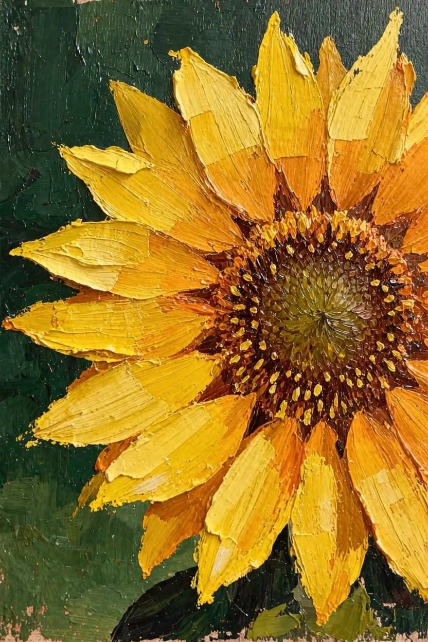 Oil painting of a large yellow sunflower head with thick impasto petals and brown-green center on a dark green background.