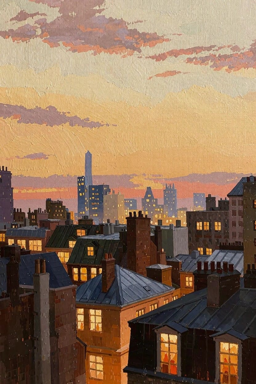 Oil painting of rooftops with chimneys and lit windows viewed from above, overlooking a city skyline at sunset with colorful clouds.
