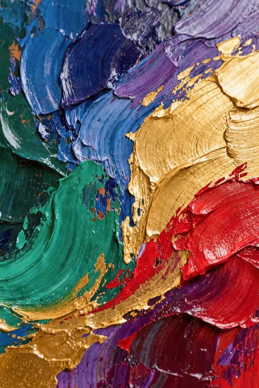 Abstract oil painting close-up featuring thick, textured impasto strokes in blues, purples, greens, golds, and reds.