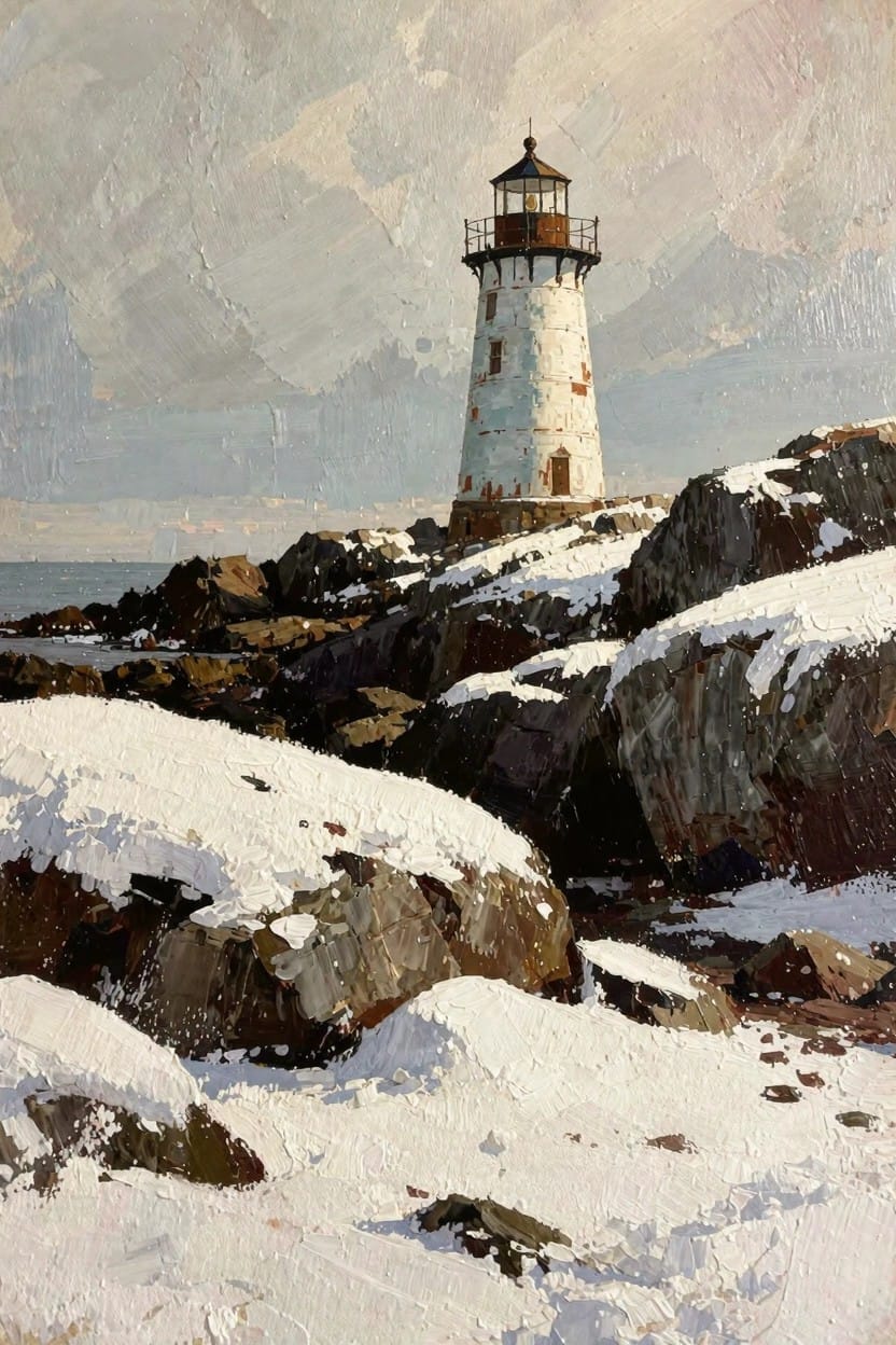 Oil painting of a white lighthouse with red lantern on snow-covered rocks by the sea under gray clouds.