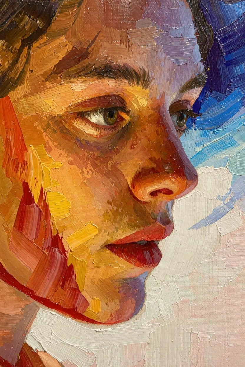 Oil painting close-up of a profile face using thick strokes of warm yellows, oranges, reds on skin against blue background.