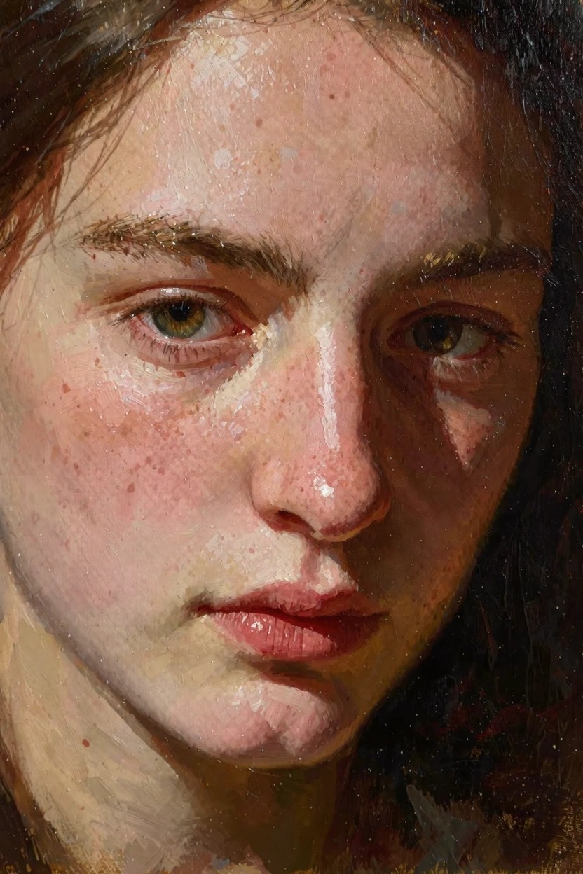 Close-up oil portrait of a young woman's freckled face with green eyes, brown hair, and subtle glossy lips.