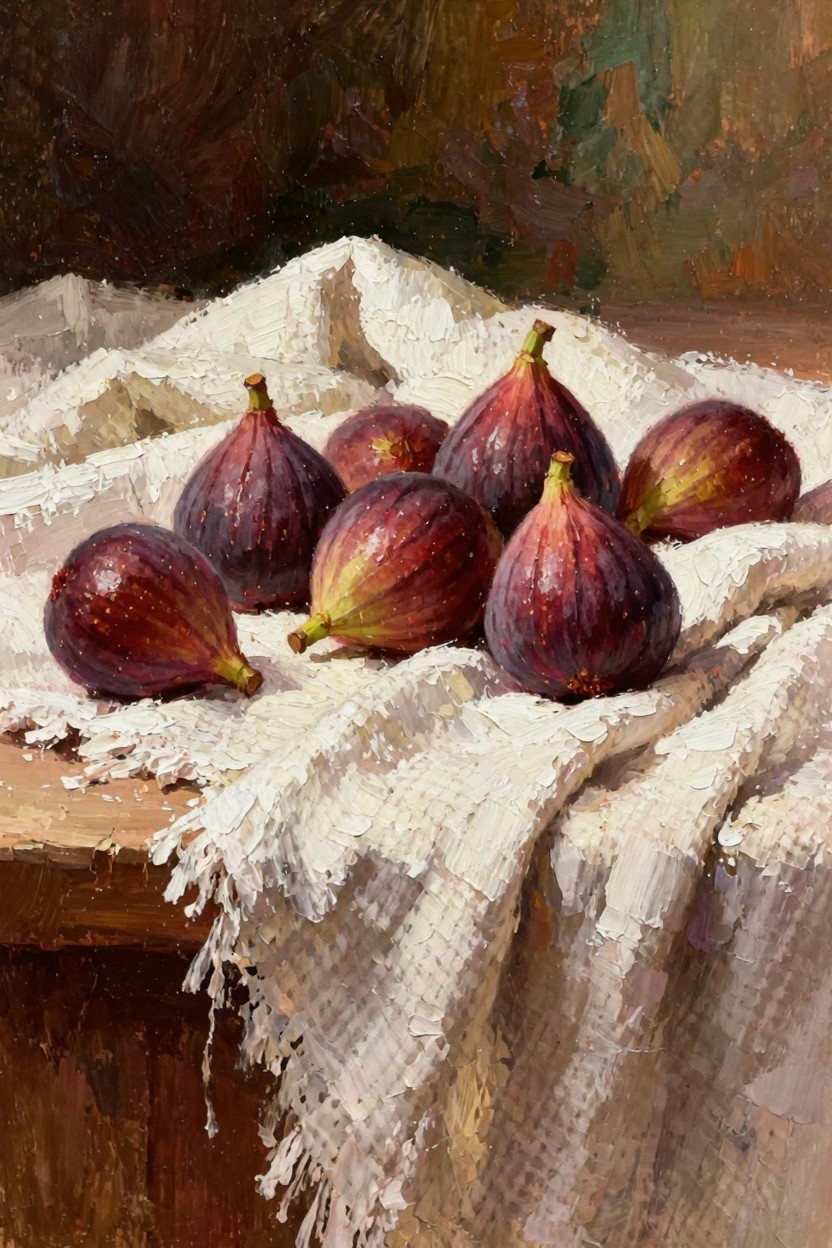 Realistic oil painting of purple figs clustered on white lace cloth draped over a wood table with dark background.