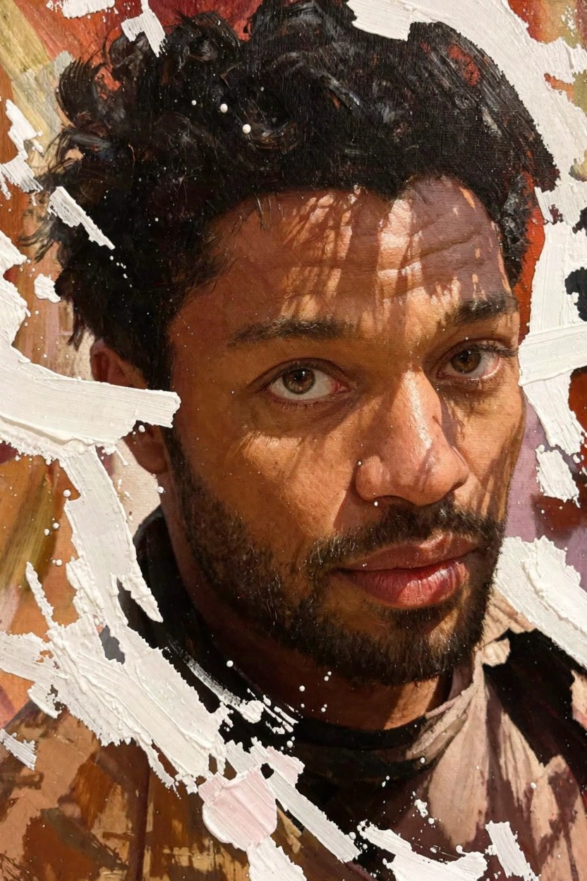Stylized oil painting of a man's intense face with curly black hair, beard, and warm skin tones, framed by abstract white and orange paint splatters and strokes.