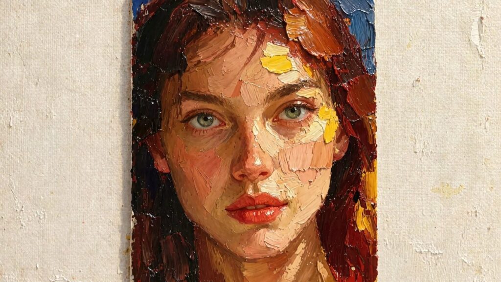 22 Expert Oil Painting Brush Tips For Flawless Strokes Oil painting close-up of a profile face using thick strokes of warm yellows, oranges, reds on skin against blue background.