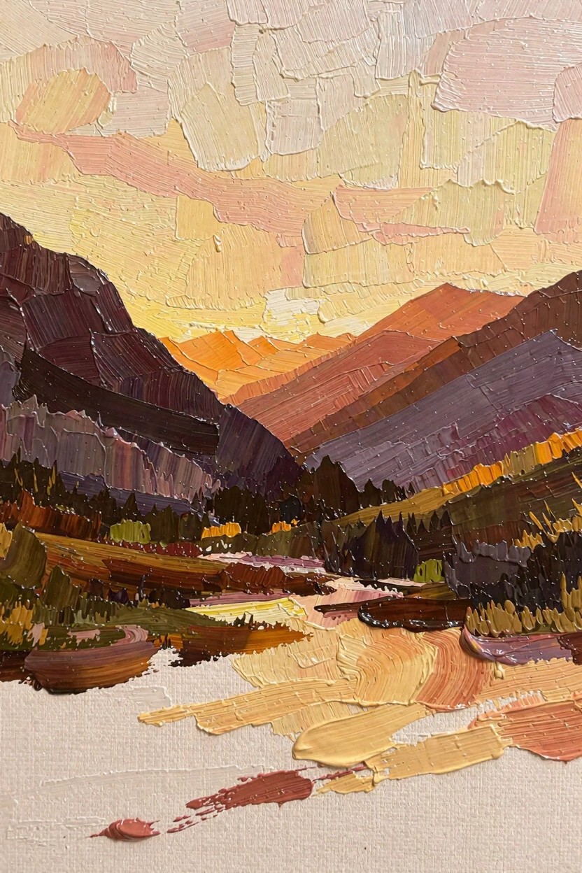 Textured oil painting of layered mountains at sunset with a winding river in the valley and scattered trees.
