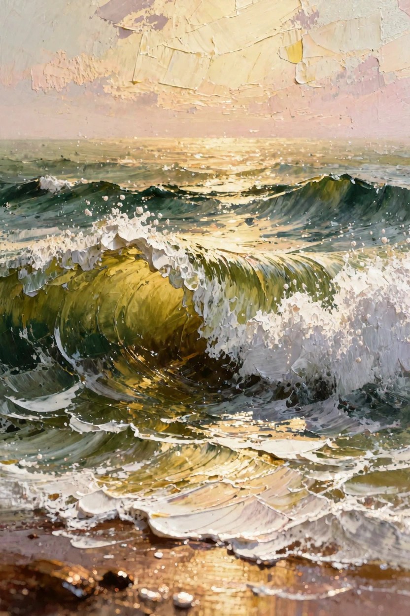 Oil painting of a large curling green wave with white foam crashing toward a sandy beach with pebbles at sunset, under a pink and yellow sky.