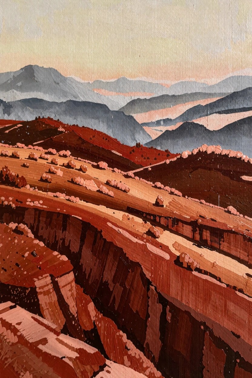 Oil painting of foreground red rock cliffs and layered ridges receding into distant misty blue mountains under a pale sky.