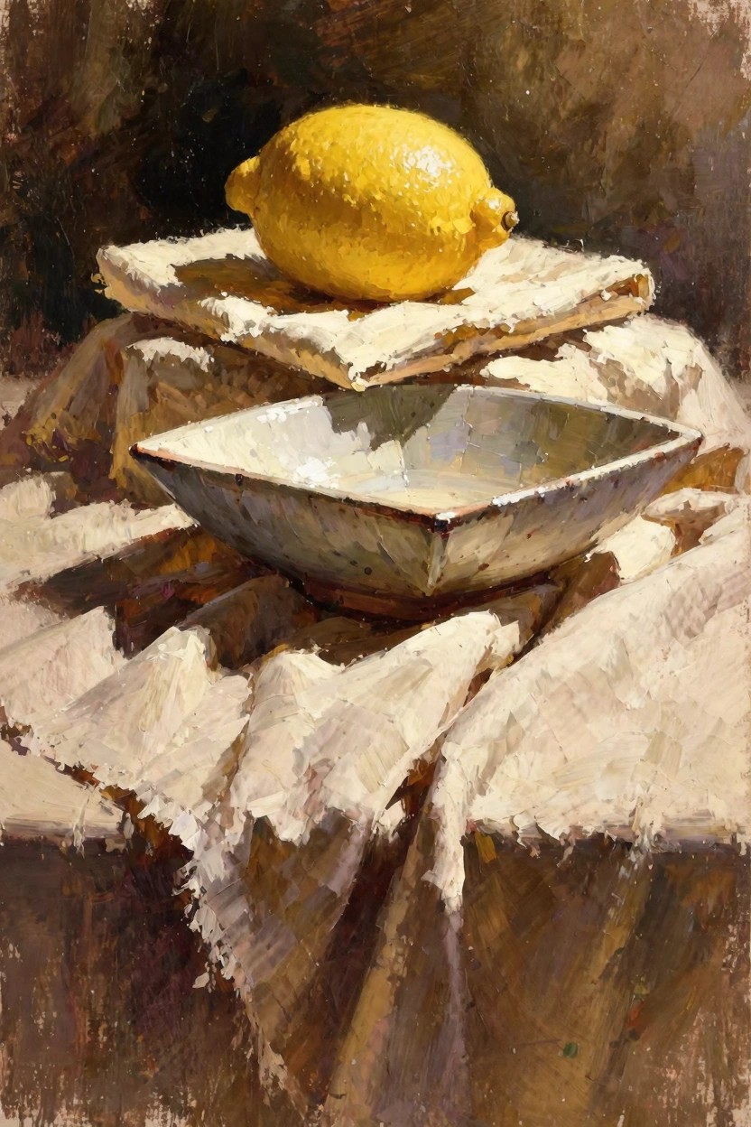 Oil painting still life of a yellow lemon on stacked white cloths above a white bowl on draped fabric with dark background.