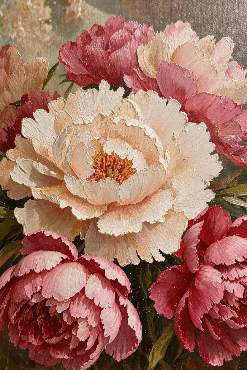 Oil painting of clustered peonies in white, pink, and red shades with thick textured brushwork and green leaves.