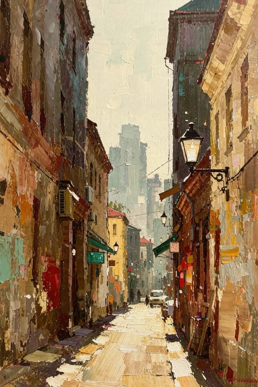 Oil painting of a narrow cobblestone alley lined with textured, weathered buildings and lit street lamps, receding to a distant skyscraper under a hazy sky.