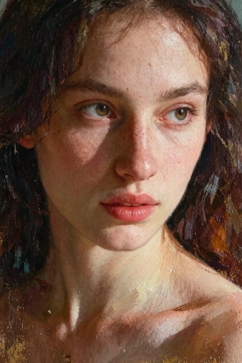 Close-up oil portrait of a young woman with freckles, green eyes, curly auburn hair, and side lighting on her face and bare shoulder.