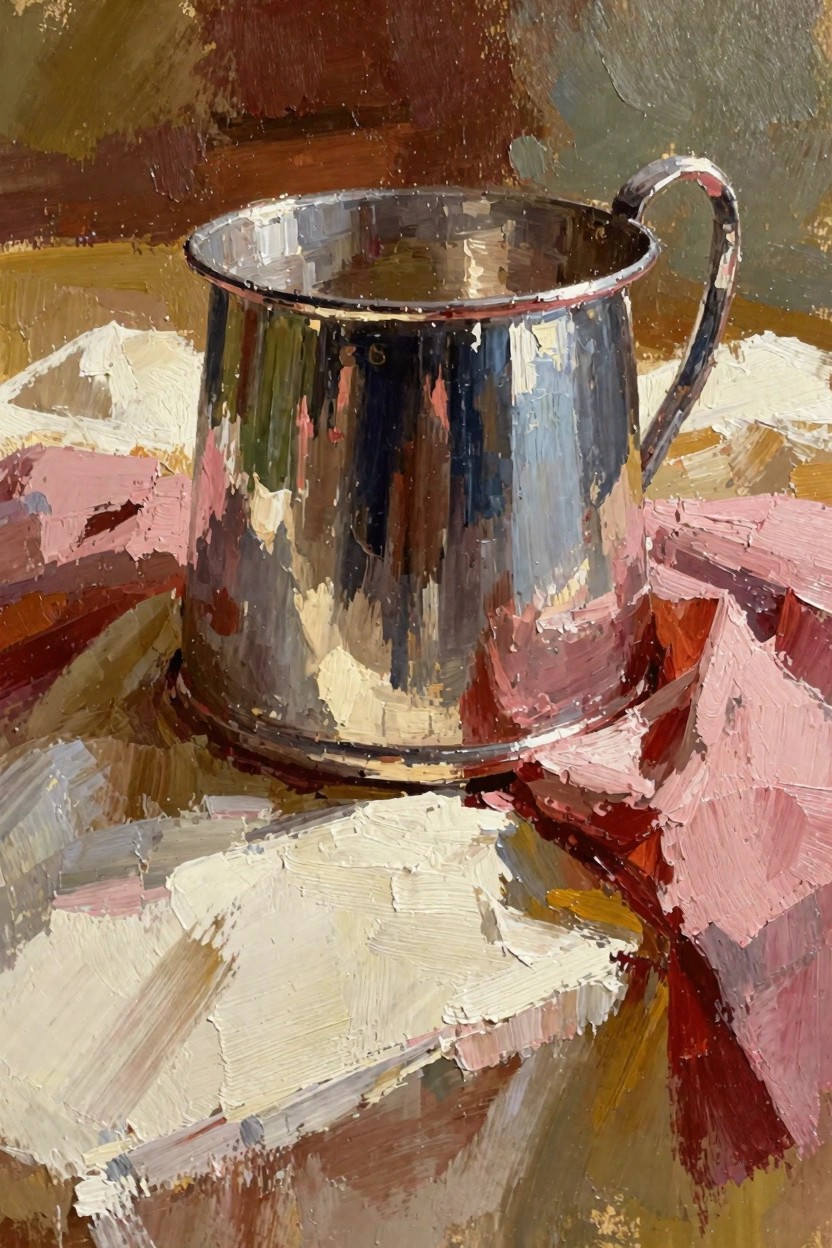 Oil painting of a shiny silver mug with handle on a tablecloth of white and pink fabrics amid warm earthy tones.