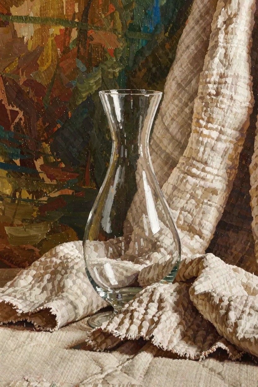 Oil painting of a clear glass carafe on textured beige draped fabric against a colorful abstract background.