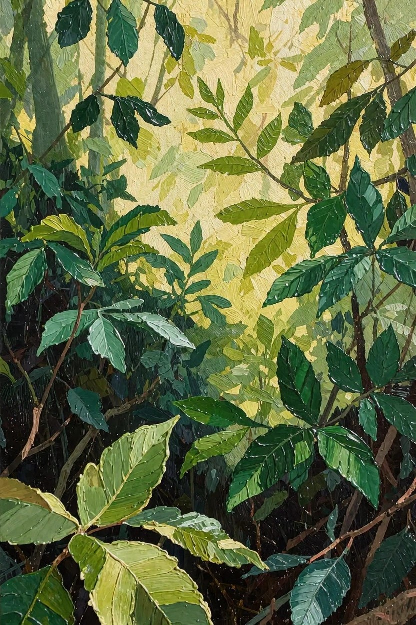 Oil painting of dense overlapping tropical green leaves with sunlight creating yellow highlights and deep shadows.