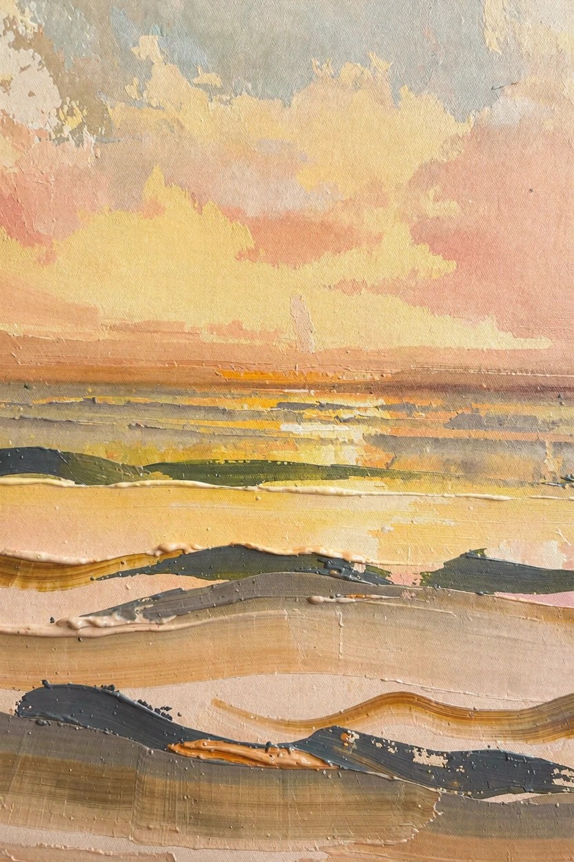 Oil painting of a sunset sky over wavy sea with blended warm and cool tones and textured brushstrokes.