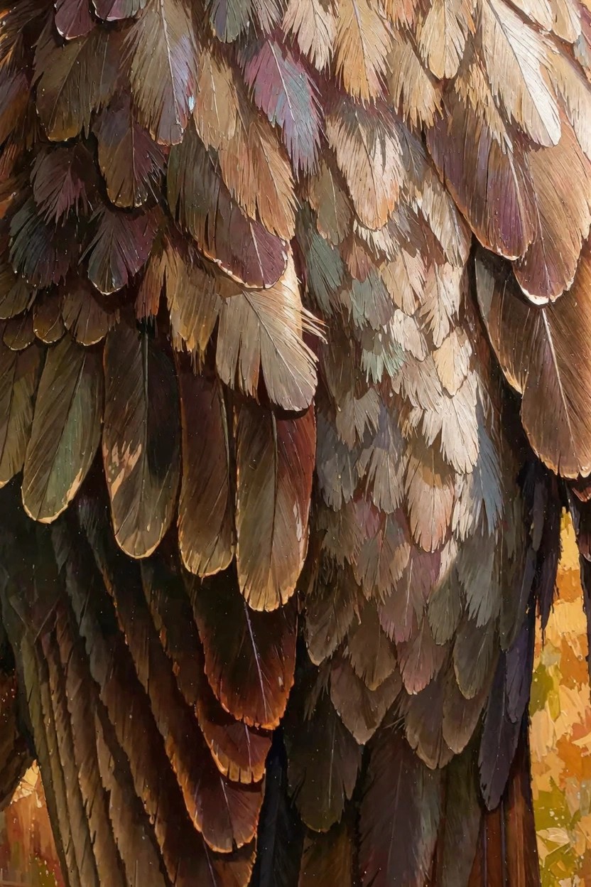 Close-up of overlapping multicolored bird feathers with detailed textures and blended earth tones.