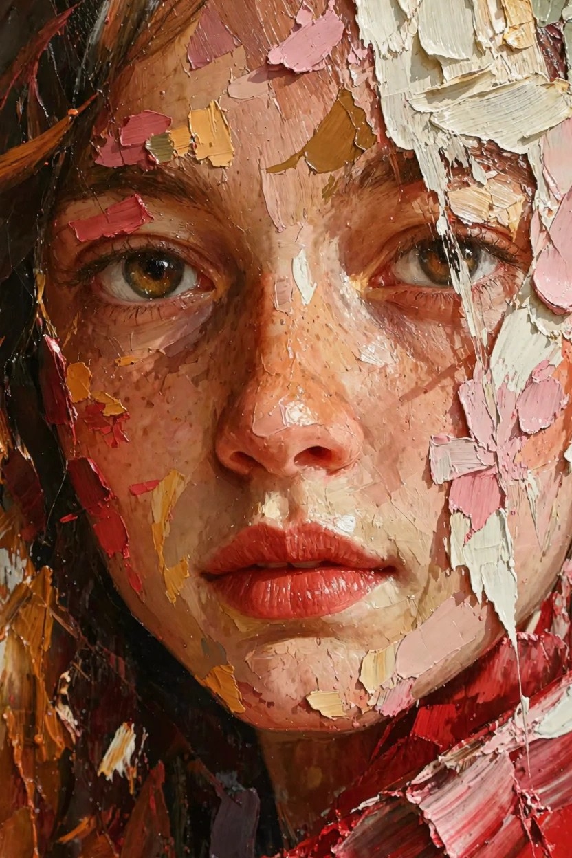 Close-up oil portrait of a woman's face constructed with thick, multicolored impasto layers over realistic features.