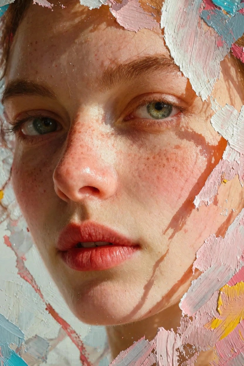 Close-up oil painting of a freckled woman's face with green eyes partially revealed through vibrant pink, blue, white, and yellow paint textures.