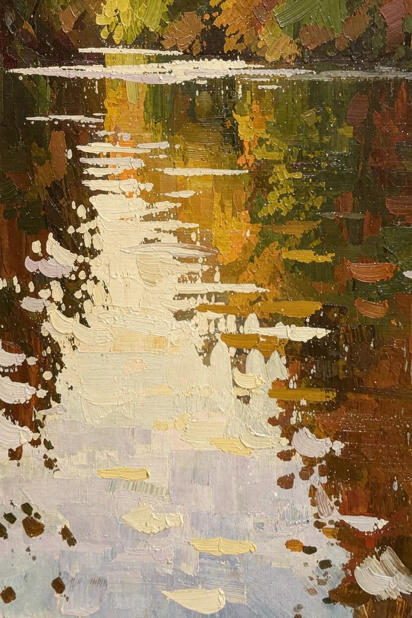 Oil painting of a winding autumn river with yellow, orange, and green foliage reflected in textured white-highlighted water.