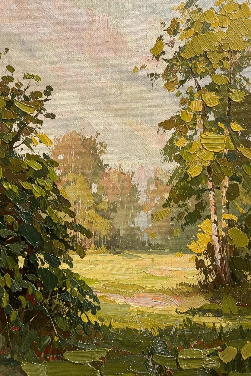 Oil painting of a yellow-green meadow framed by dense green bushes and yellow-leaved trees under a cloudy pinkish sky.