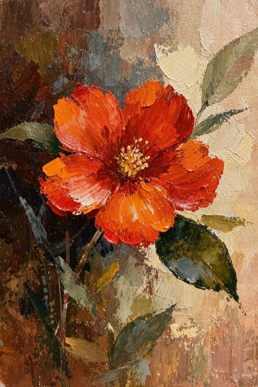 Oil painting of a bright orange-red hibiscus flower with green leaves on a textured brown-gray background.