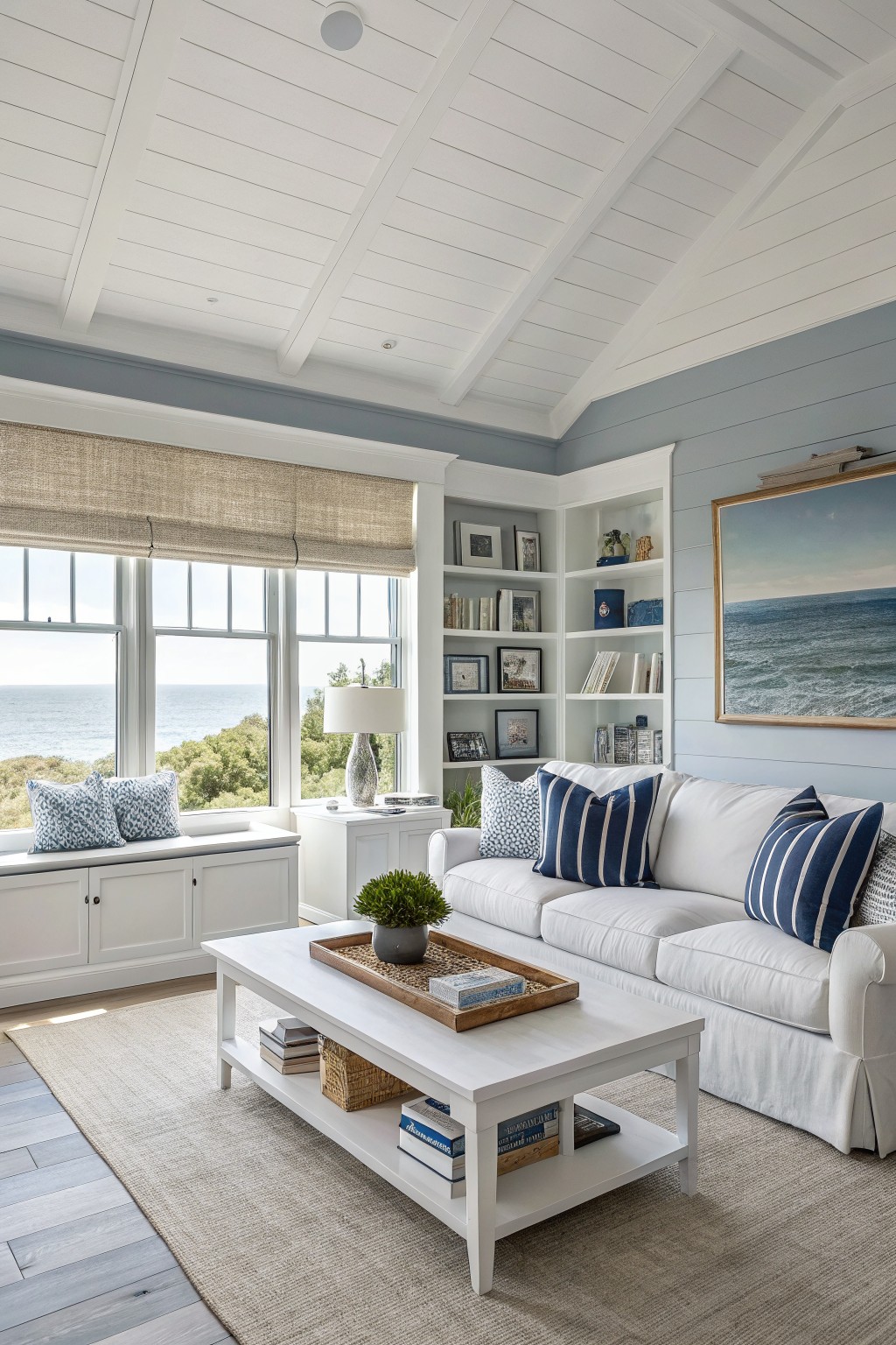 Light blue-gray shiplap walls in a bright living room with white sofa and ocean view