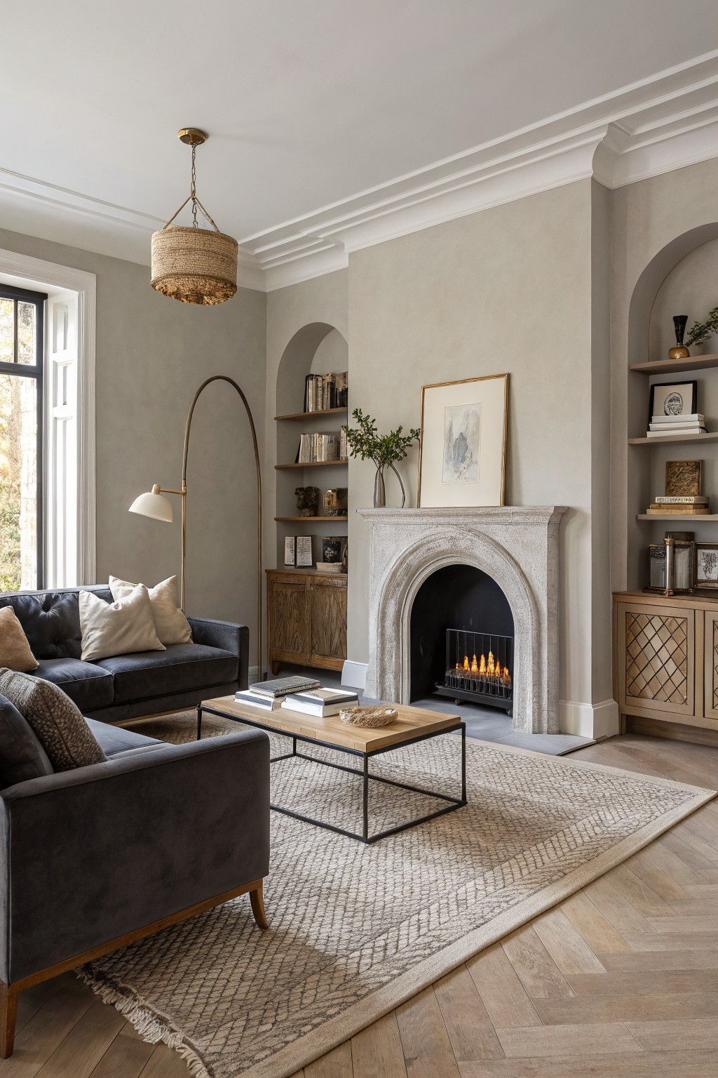 Cozy living room with light greige walls, dark gray velvet sofa, arched built-in bookshelves flanking a lit stone fireplace, wood floors, and neutral rug