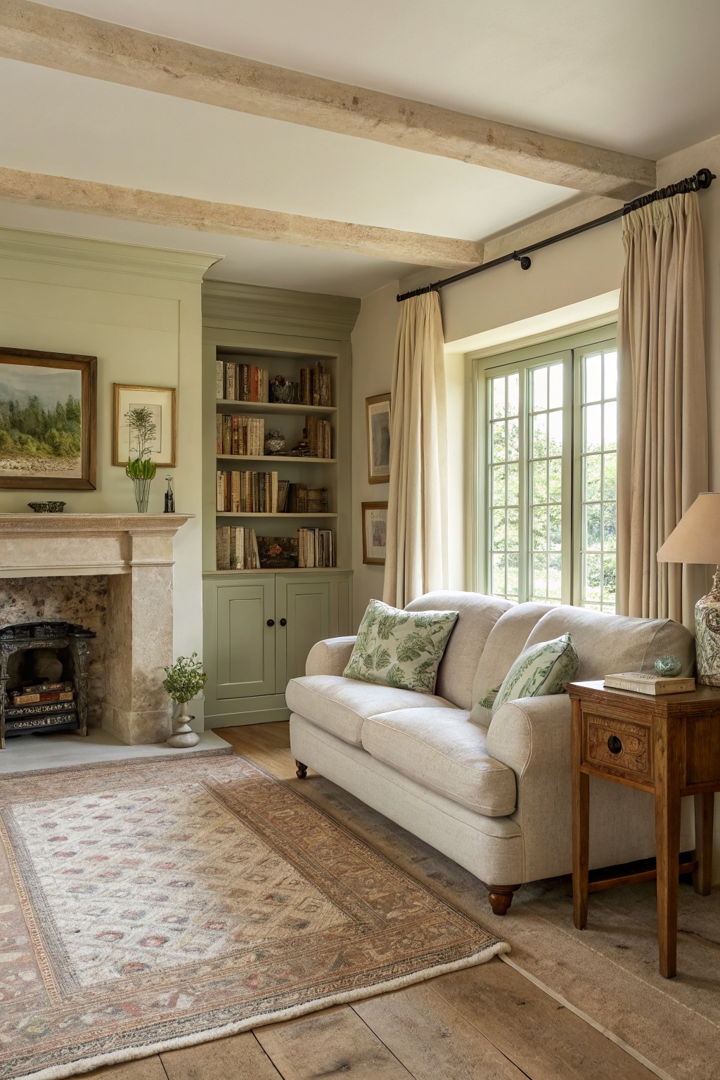 Cozy living room featuring pale sage green walls and built-in cabinets beside a stone fireplace, cream sofa, wooden side table, and large curtained windows