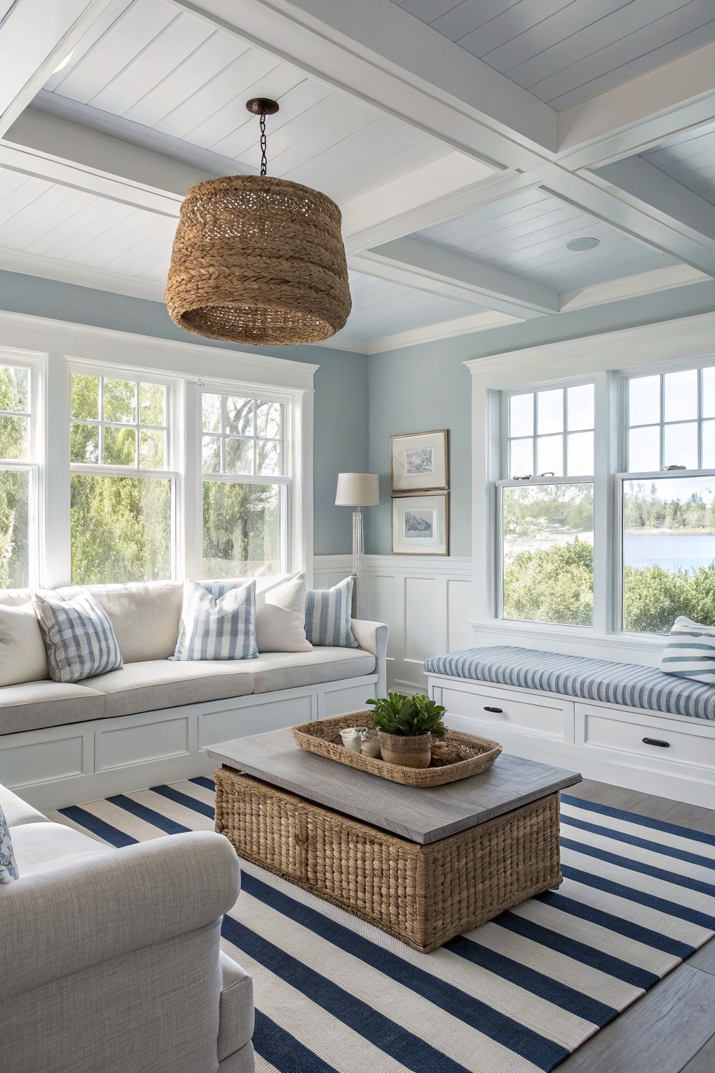 Living room with pale blue-gray walls, white shiplap ceiling and trim, built-in window seat with blue stripes, rattan pendant light, and view of lake through large windows