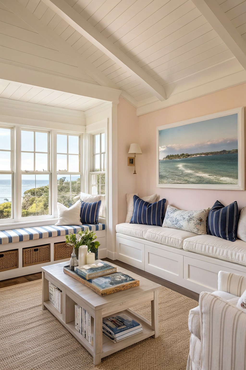 Coastal living room featuring soft blush pink walls, white shiplap ceiling beams, blue-striped window seat bench, and neutral sofa with ocean view