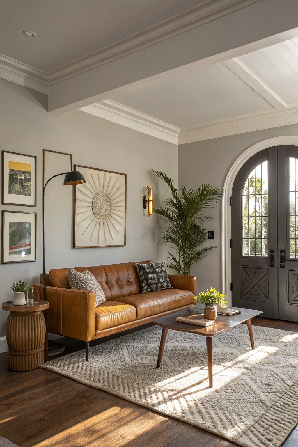Living room with soft greige walls, tan leather sofa, wood side table, woven rug, and natural light through arched doors