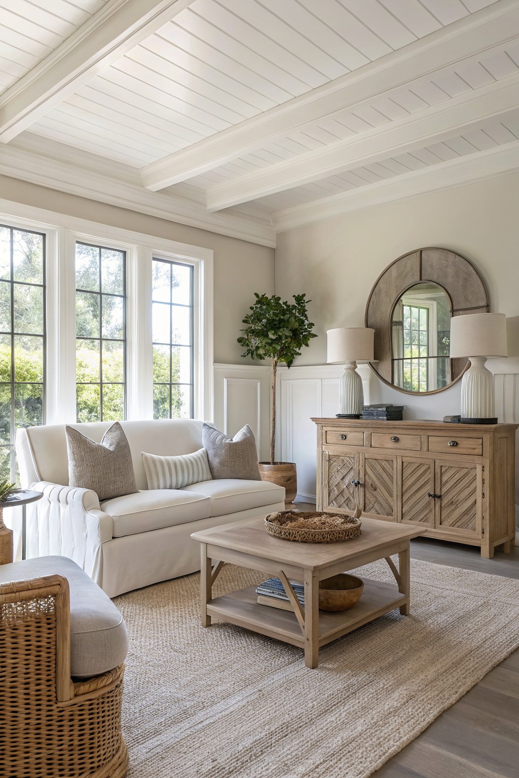 Bright living room with soft greige walls, white sofa, wood furniture, large windows, and potted plants