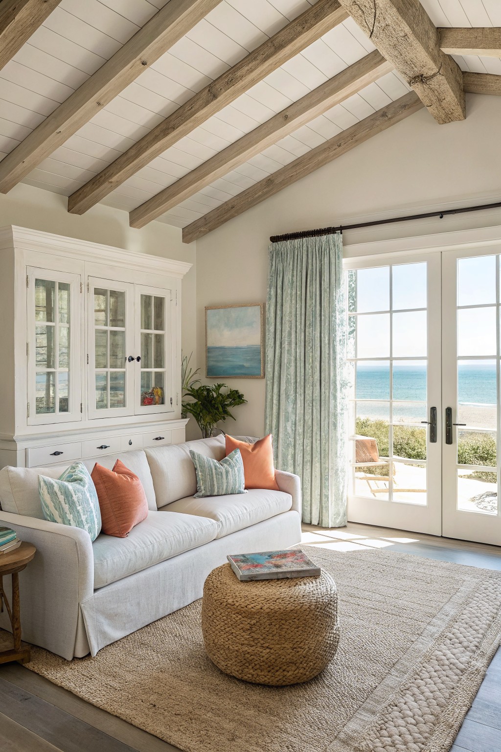 Coastal living room with soft greige walls, white planked ceiling and exposed wood beams, white glass-door cabinet, beige sofa with teal and orange pillows, seagrass rug, and ocean view through French doors