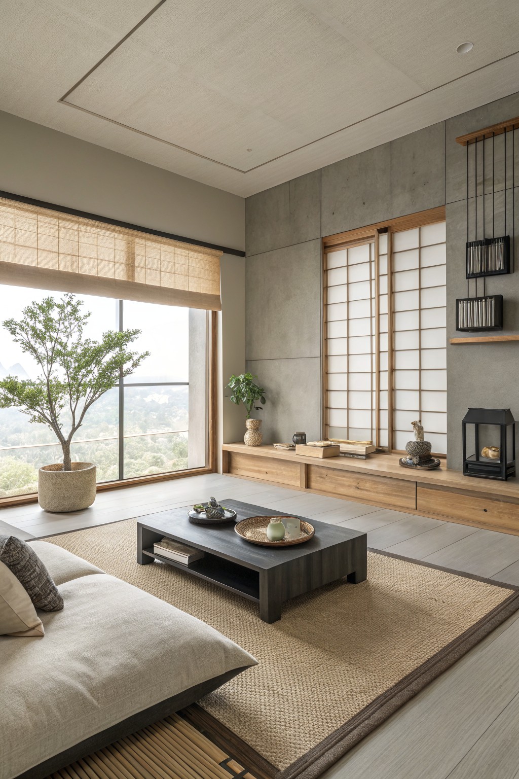 Living room with soft greige walls, olive tree, wooden media unit, shoji screens, and neutral poufs on a seagrass rug