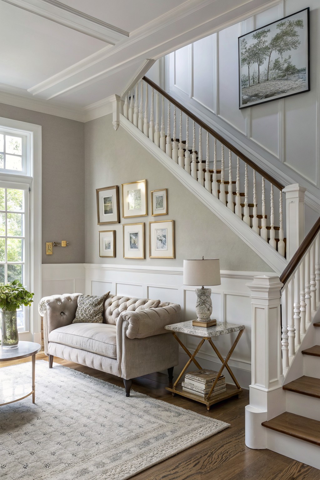 Light greige walls in a cozy living room with tufted sofa, side table lamp, staircase, and neutral artwork