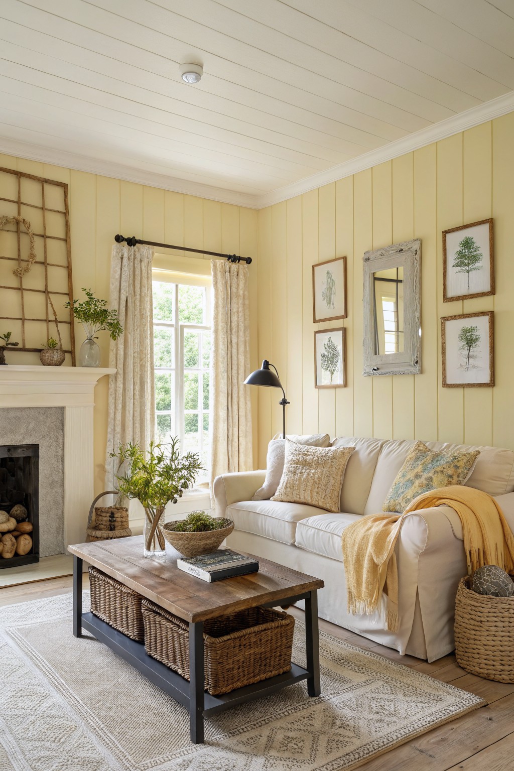 Cozy living room featuring soft pale yellow paneled walls, a cream slipcovered sofa with yellow throw, rustic wood coffee table, and botanical artwork near a white fireplace