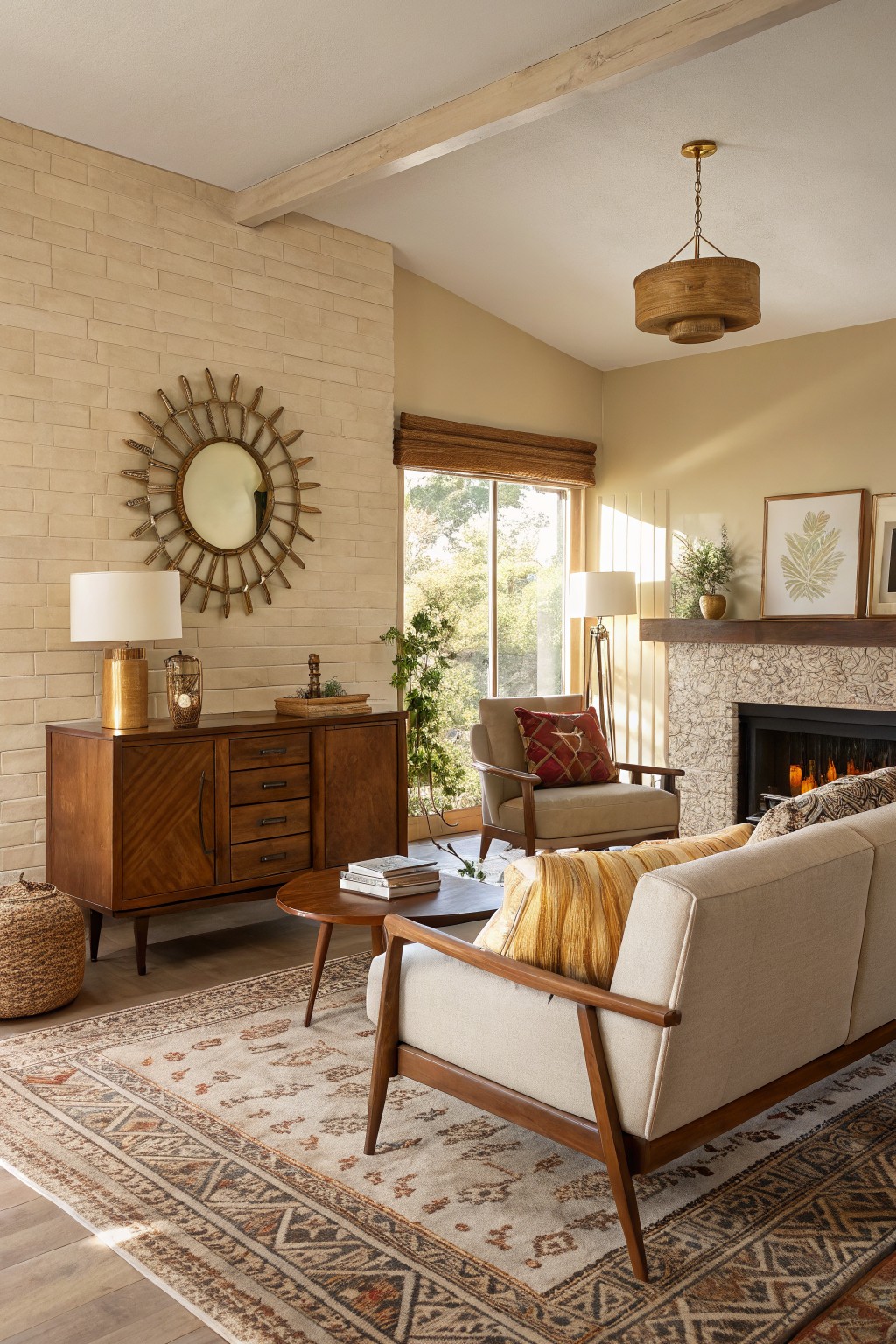 Living room with warm beige walls, midcentury wood furniture, beige sofa, tan brick fireplace, and woven rug