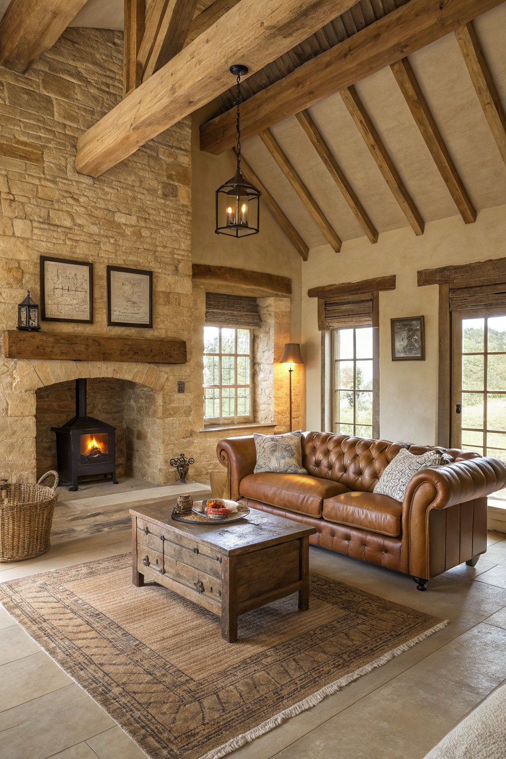 Living room featuring warm beige plaster walls, a stone fireplace with wood stove, tan leather Chesterfield sofa, wooden coffee table, and exposed beams