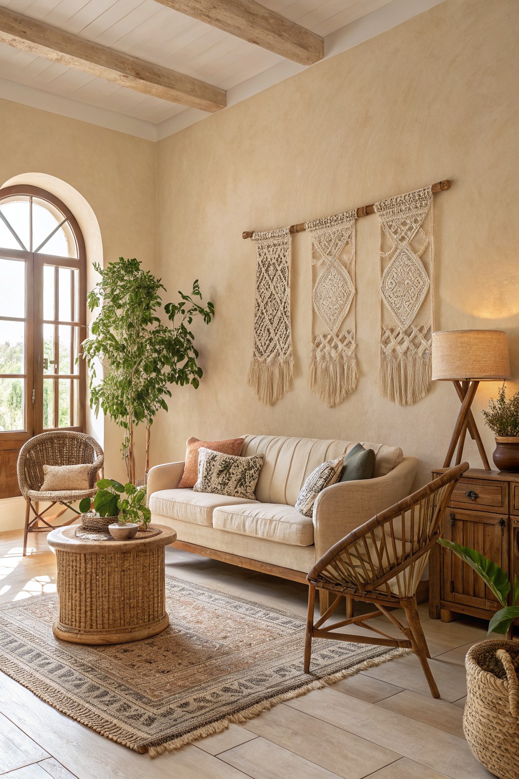 Light warm beige walls in a cozy living room with rattan furniture, macrame wall hangings, wood beams, and potted plants near a sunny arched window