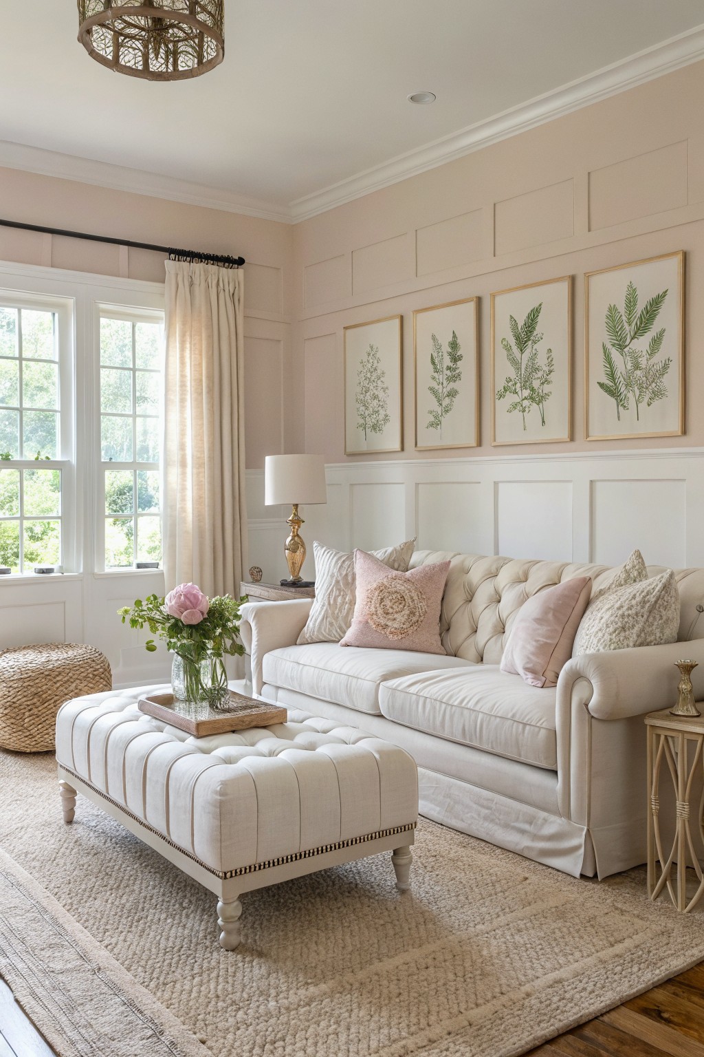 Cozy living room featuring warm greige paneled walls, cream tufted sofa with pink pillows, botanical prints, rattan accents, and soft natural light