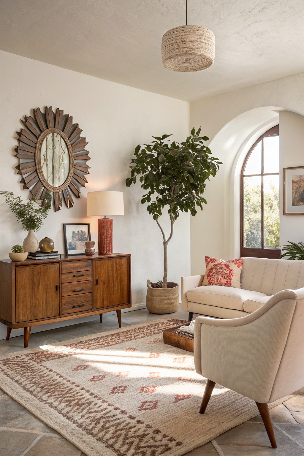 Sunlit living room corner with warm off-white plaster walls, wooden credenza topped with lamps and pottery, tall potted tree, cream sofa with floral pillow, and woven rug on tile floor