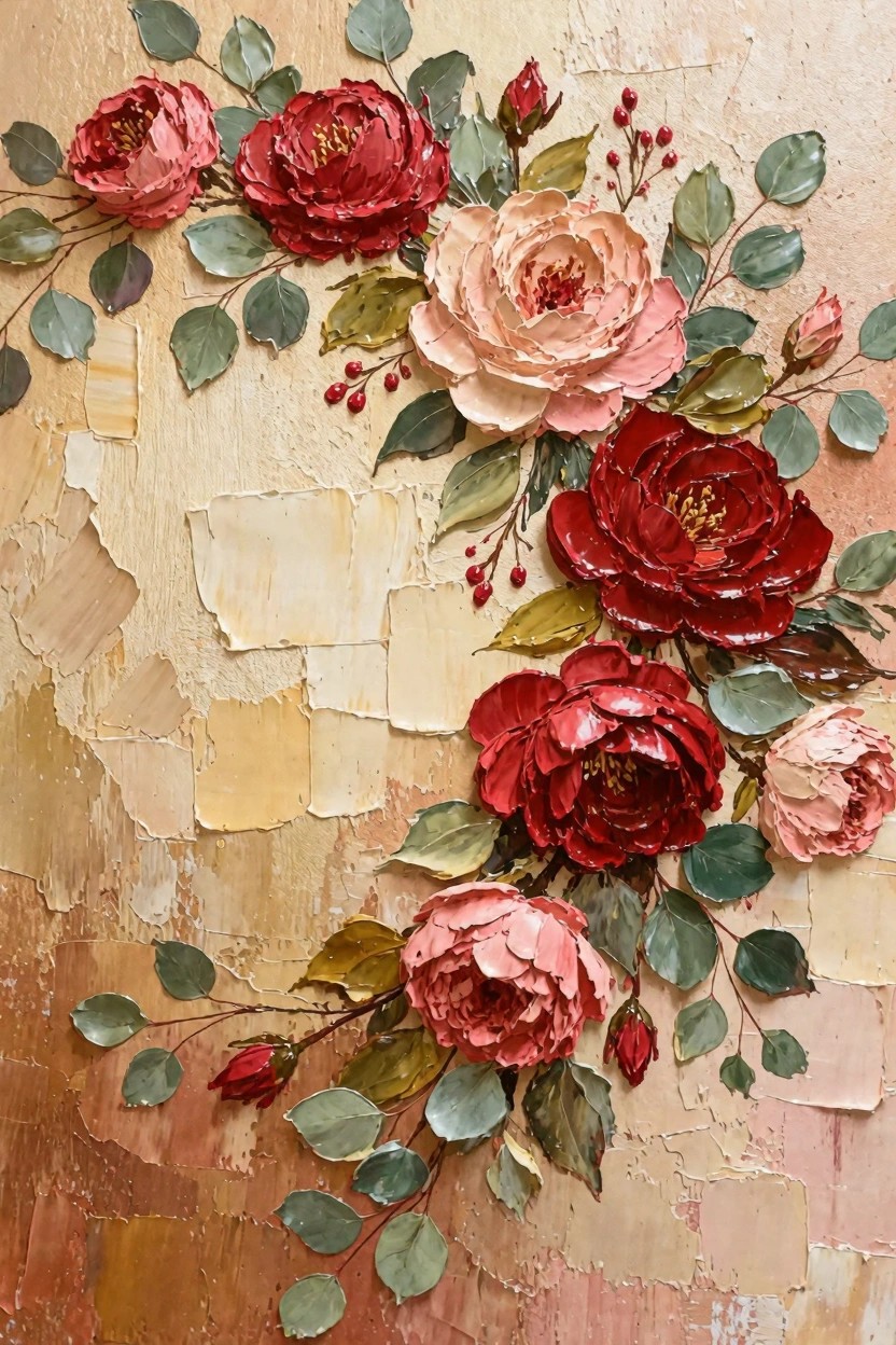 Oil painting of red and pink peonies with eucalyptus leaves and red berries arranged diagonally on a textured beige background.